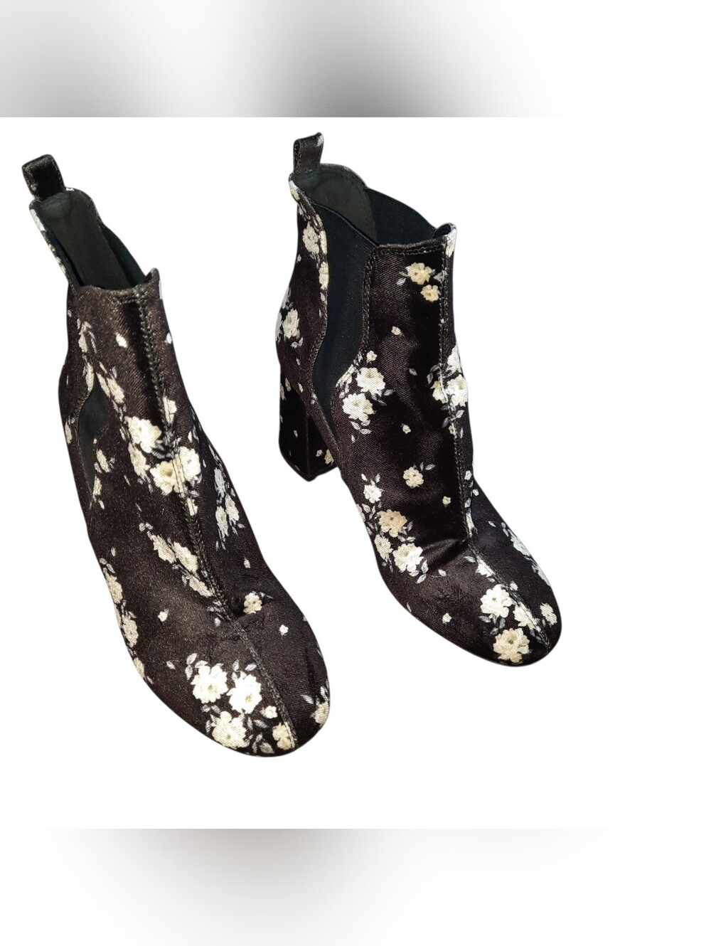 Divided Black Floral Velvet Ankle Booties
